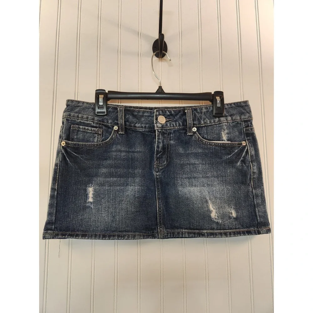 Women's Blue Distress Denim Micro Mini Skirt Size 11 Casual Y2K Grunge W34